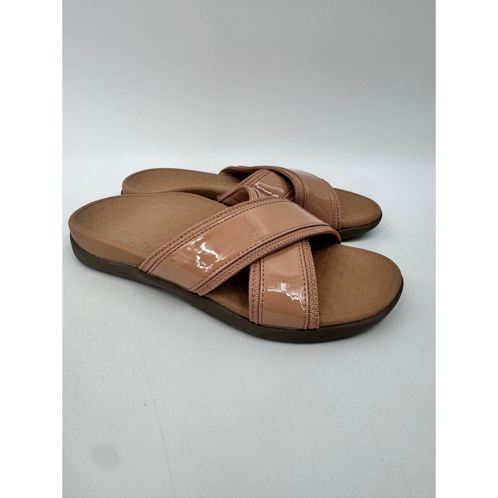 Vionic Merced Slide Sandals Women Size 6 Nude Patent Crisscross Straps